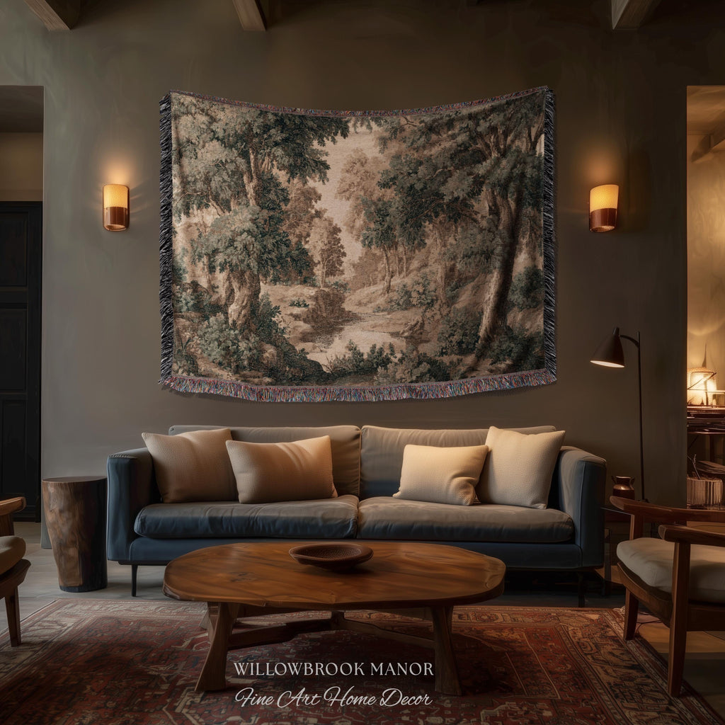 French Verdure Forest Tapestry Woven Wall Hanging Pastoral Landscape Bedroom Art | Romantic European Woodland Heritage Textile Cotton Throw