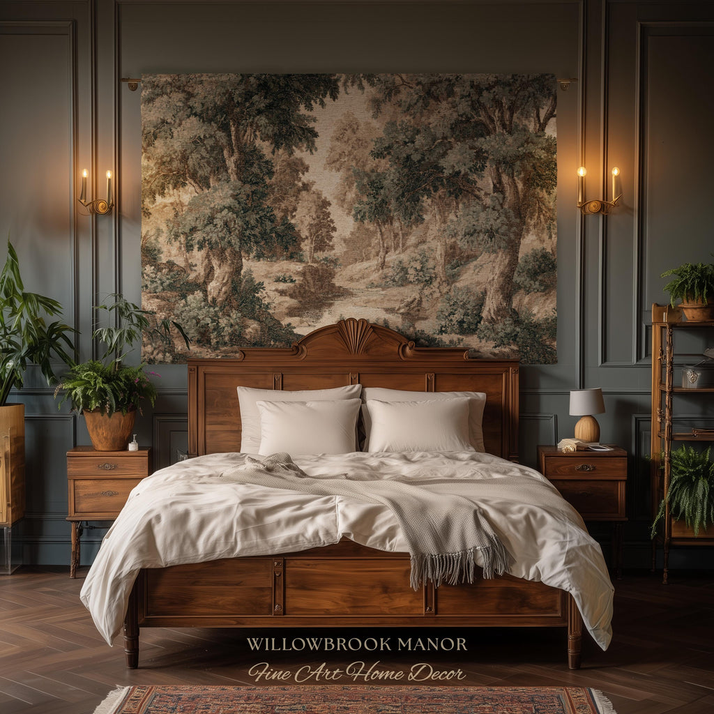 French Verdure Forest Tapestry Woven Wall Hanging Pastoral Landscape Bedroom Art | Romantic European Woodland Heritage Textile Cotton Throw