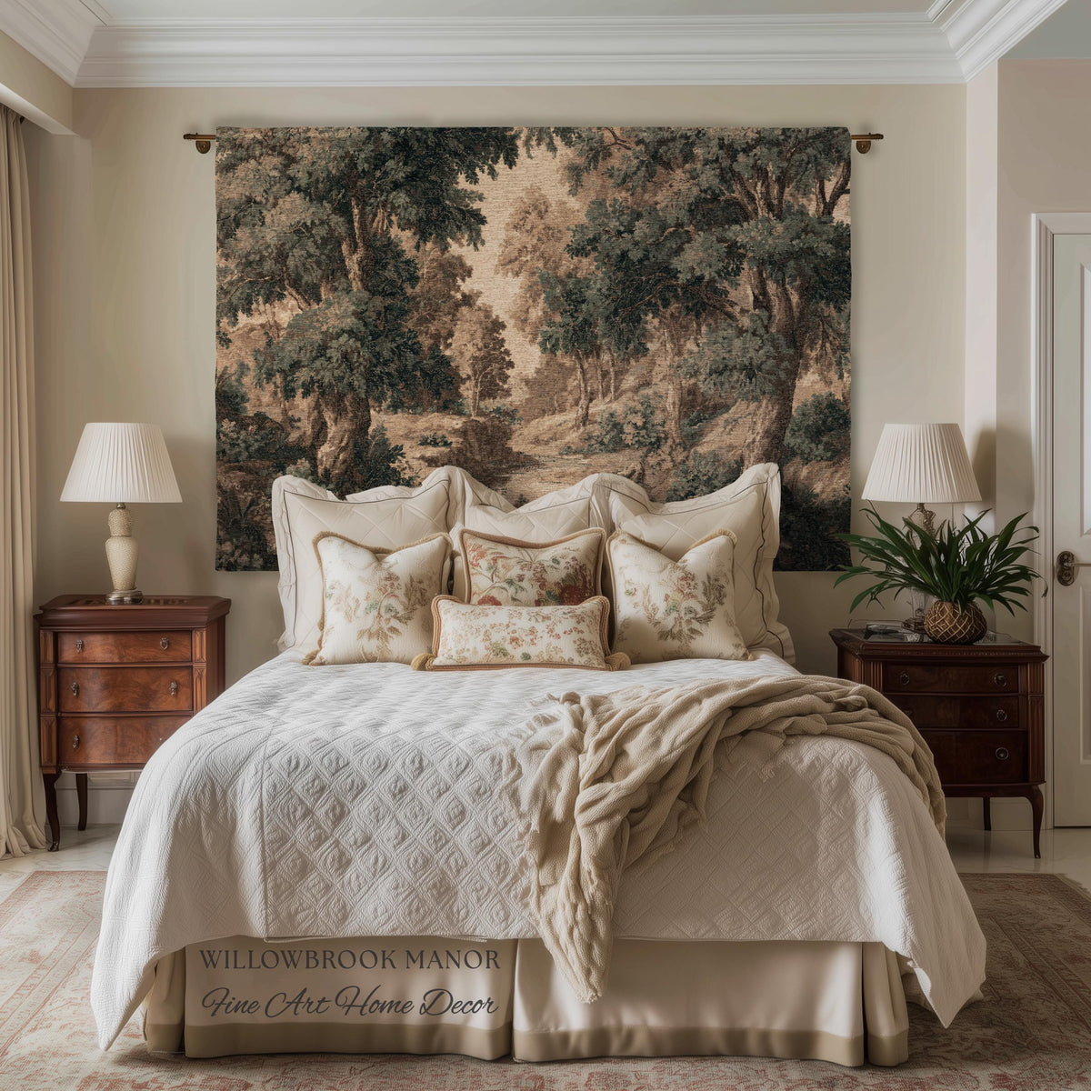 French Verdure Forest Tapestry Woven Wall Hanging Pastoral Landscape Bedroom Art | Romantic European Woodland Heritage Textile Cotton Throw