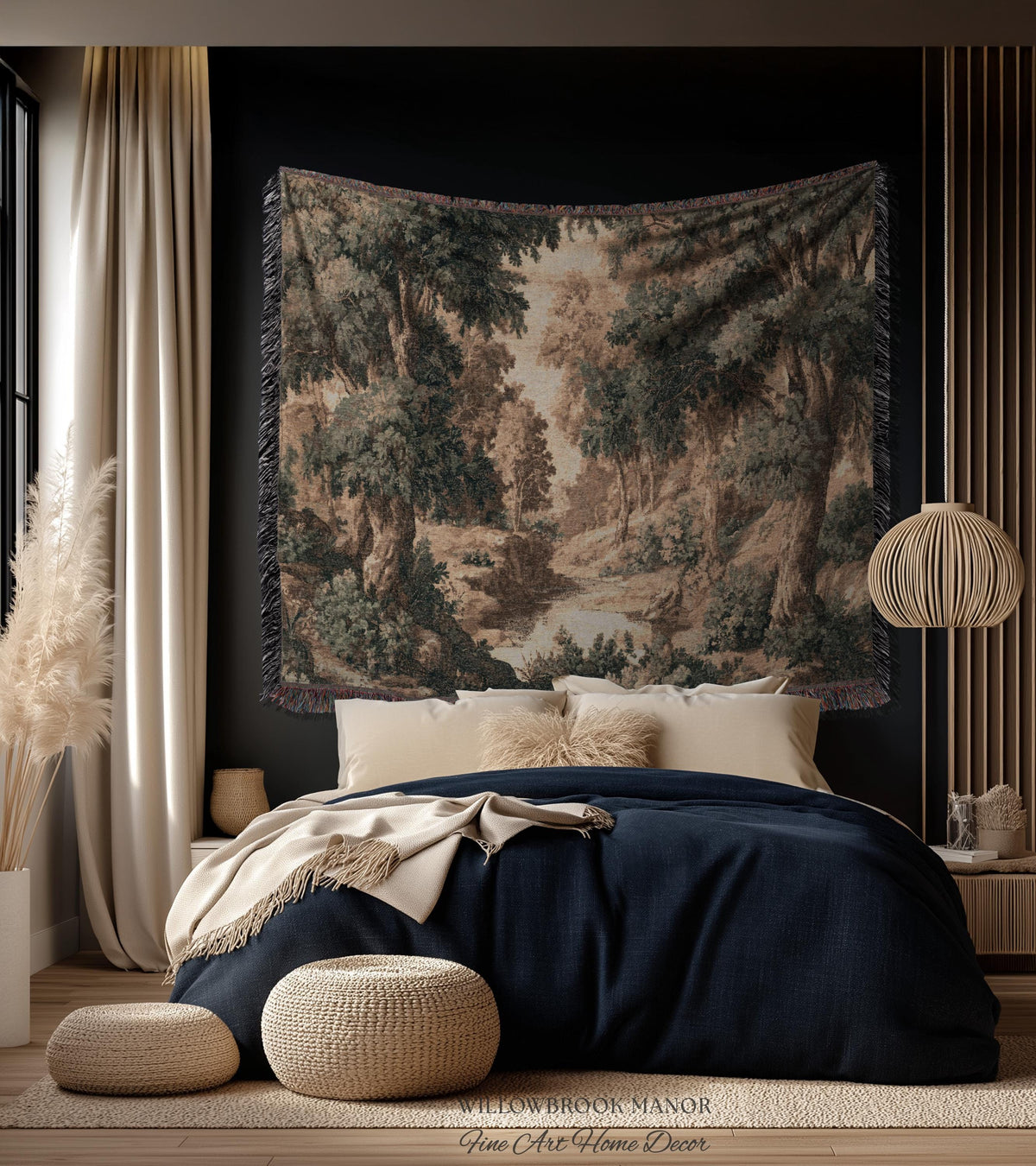 French Verdure Forest Tapestry Woven Wall Hanging Pastoral Landscape Bedroom Art | Romantic European Woodland Heritage Textile Cotton Throw