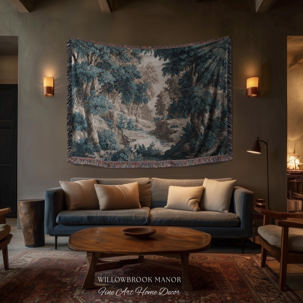 Moody Landscape Verdure Woven Blanket Forest River Tapestry Decor | Indigo Botanical Woodland Throw Cottagecore Nature Rustic Blue Wall Art