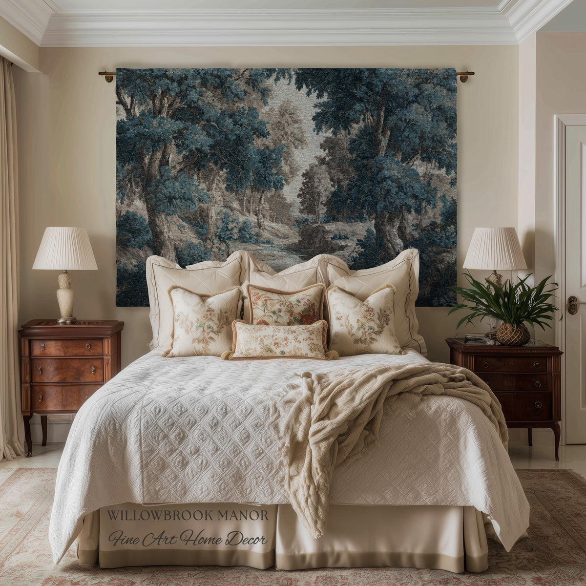 Moody Landscape Verdure Woven Blanket Forest River Tapestry Decor | Indigo Botanical Woodland Throw Cottagecore Nature Rustic Blue Wall Art