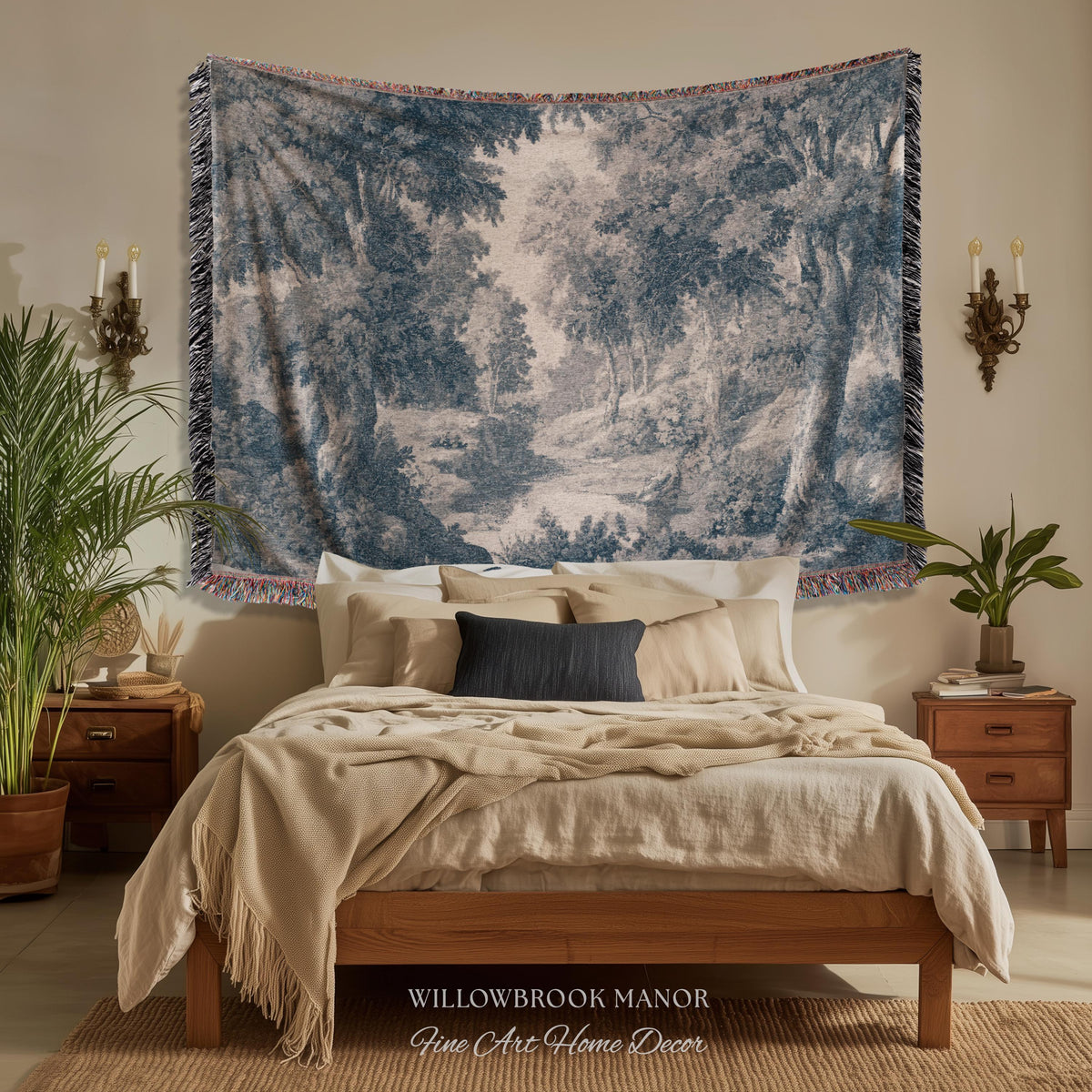 Toile Style Countryside Romantic Wall Art, Jacquard Woven Tapestry Monochrome Vintage Scenery Heritage Textile Smoky Blue Old World European