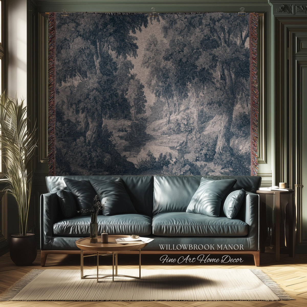 Toile Style Countryside Romantic Wall Art, Jacquard Woven Tapestry Monochrome Vintage Scenery Heritage Textile Smoky Blue Old World European