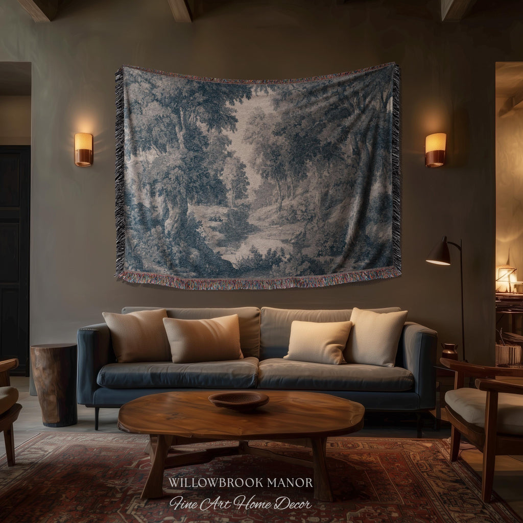 Toile Style Countryside Romantic Wall Art, Jacquard Woven Tapestry Monochrome Vintage Scenery Heritage Textile Smoky Blue Old World European
