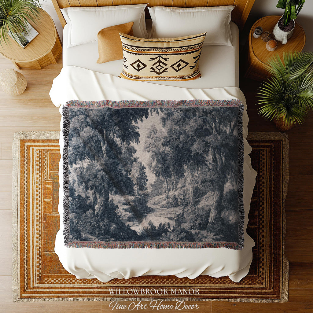 Toile Style Countryside Romantic Wall Art, Jacquard Woven Tapestry Monochrome Vintage Scenery Heritage Textile Smoky Blue Old World European