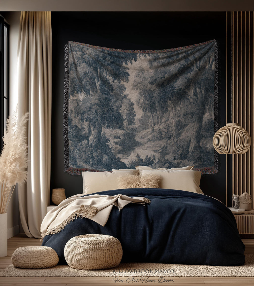 Toile Style Countryside Romantic Wall Art, Jacquard Woven Tapestry Monochrome Vintage Scenery Heritage Textile Smoky Blue Old World European