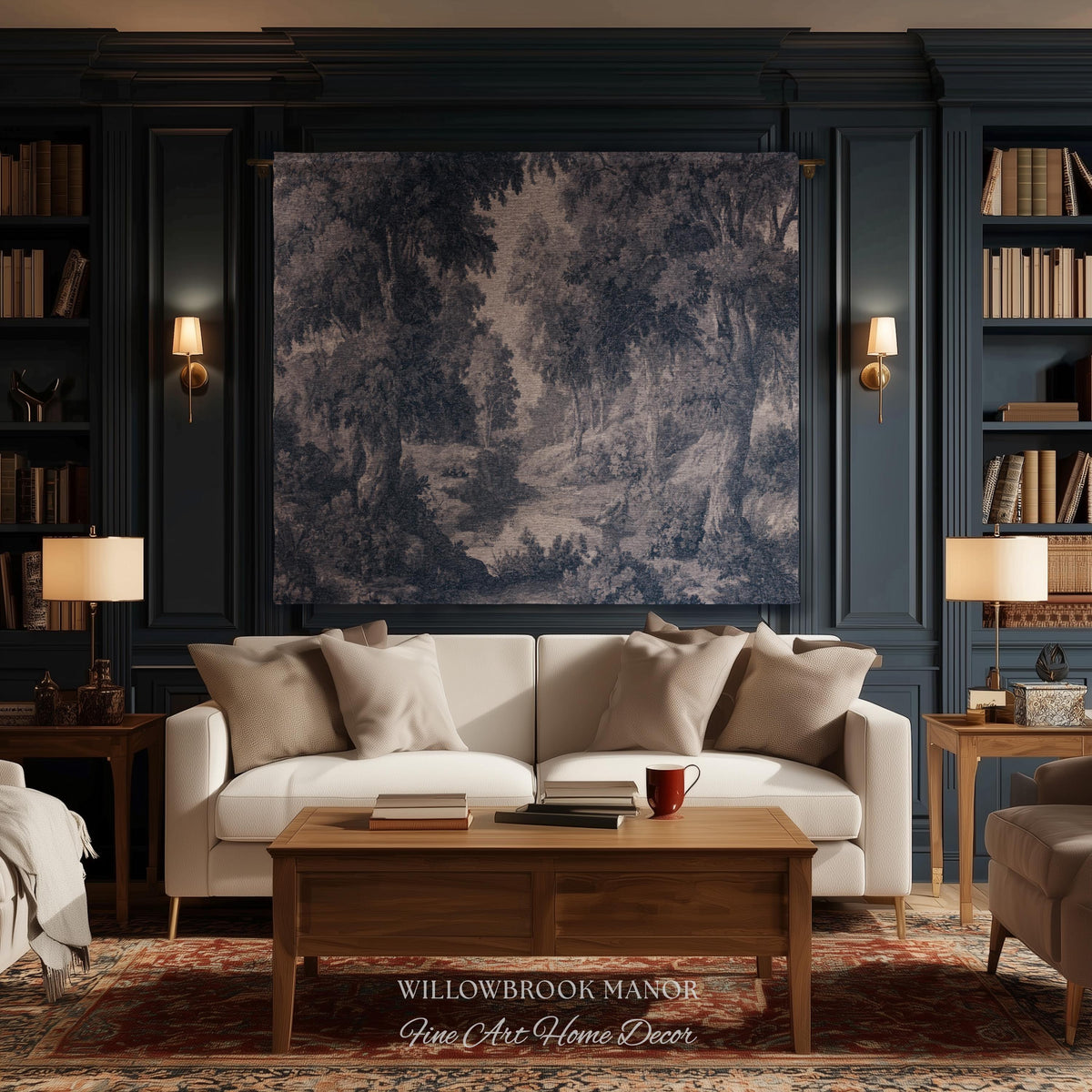 Toile Style Countryside Romantic Wall Art, Jacquard Woven Tapestry Monochrome Vintage Scenery Heritage Textile Smoky Blue Old World European