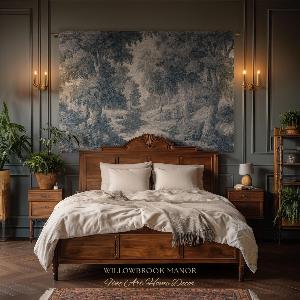 Toile Style Countryside Romantic Wall Art, Jacquard Woven Tapestry Monochrome Vintage Scenery Heritage Textile Smoky Blue Old World European