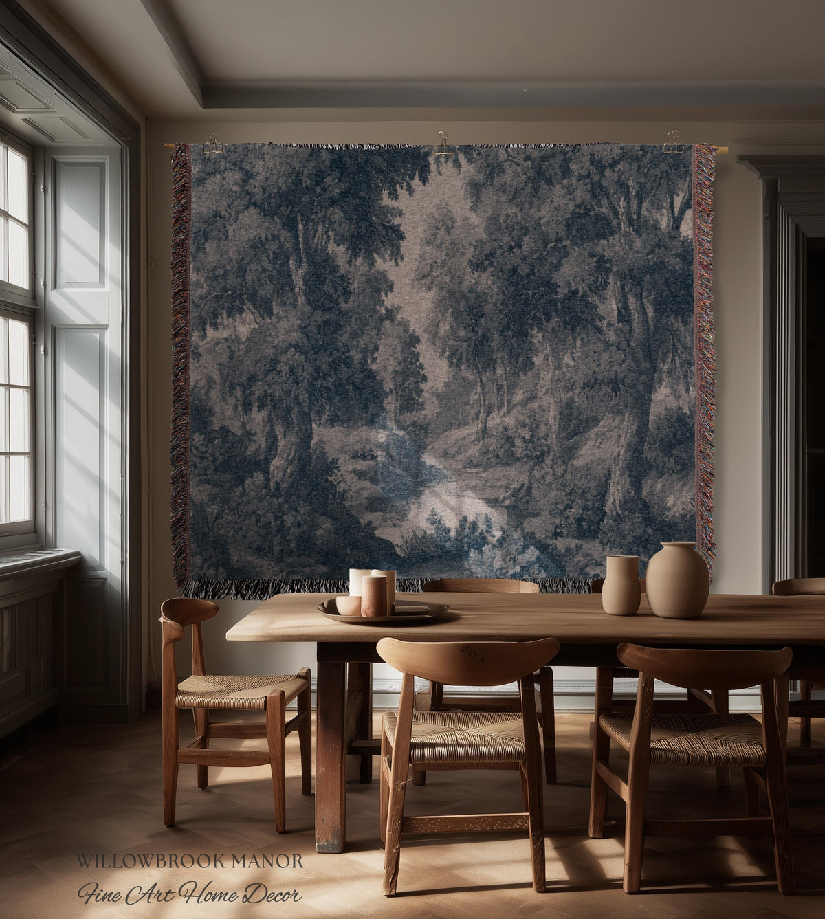 Toile Style Countryside Romantic Wall Art, Jacquard Woven Tapestry Monochrome Vintage Scenery Heritage Textile Smoky Blue Old World European