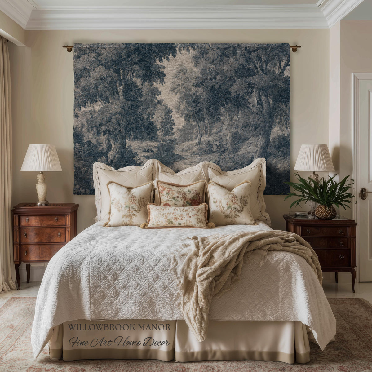 Toile Style Countryside Romantic Wall Art, Jacquard Woven Tapestry Monochrome Vintage Scenery Heritage Textile Smoky Blue Old World European