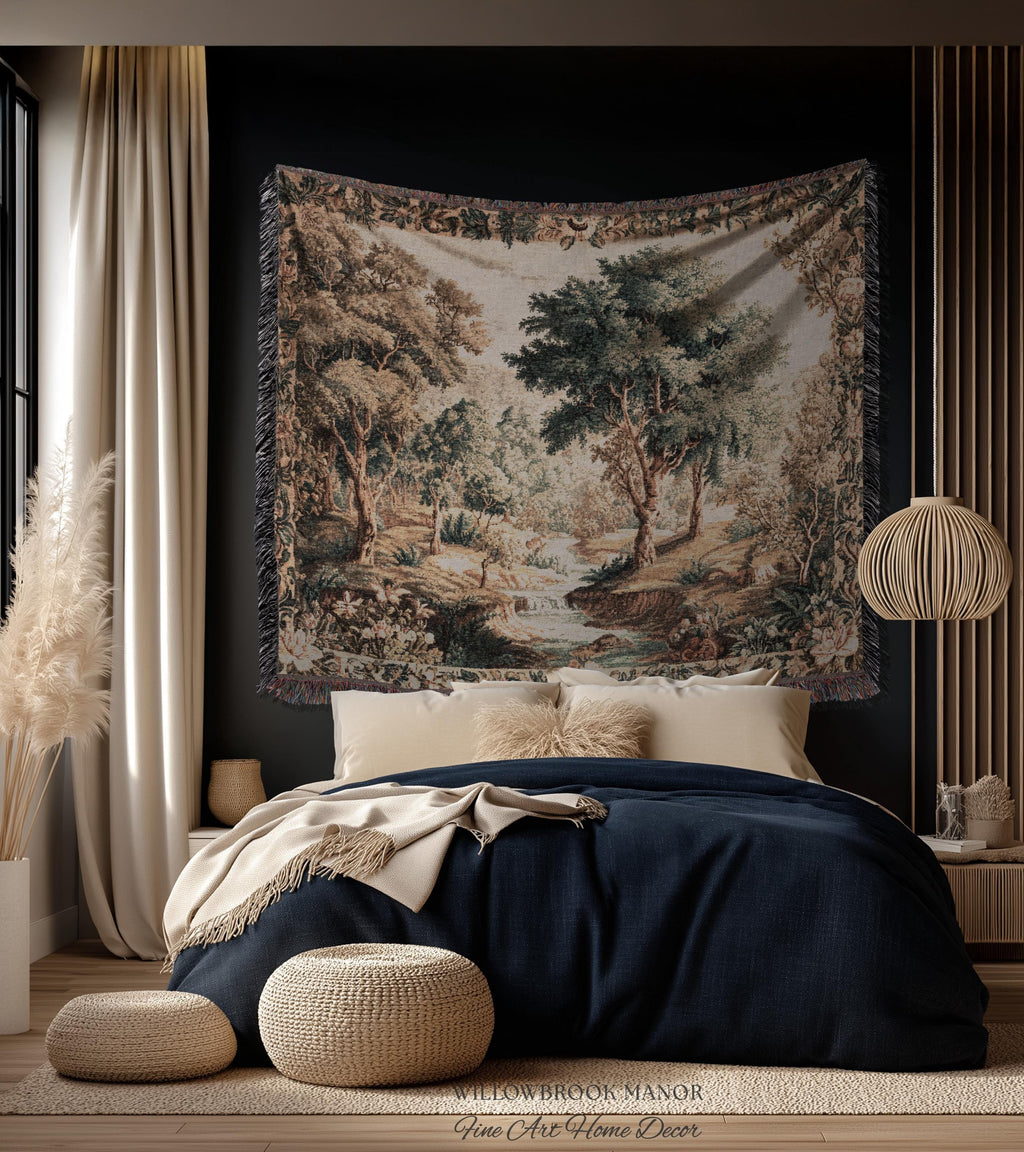 Aubusson Style Verdure Tapestry Tranquil River Scenic Wall Decor Art | European Pastoral Landscape Heirloom Blanket Woven Throw Nature Scene