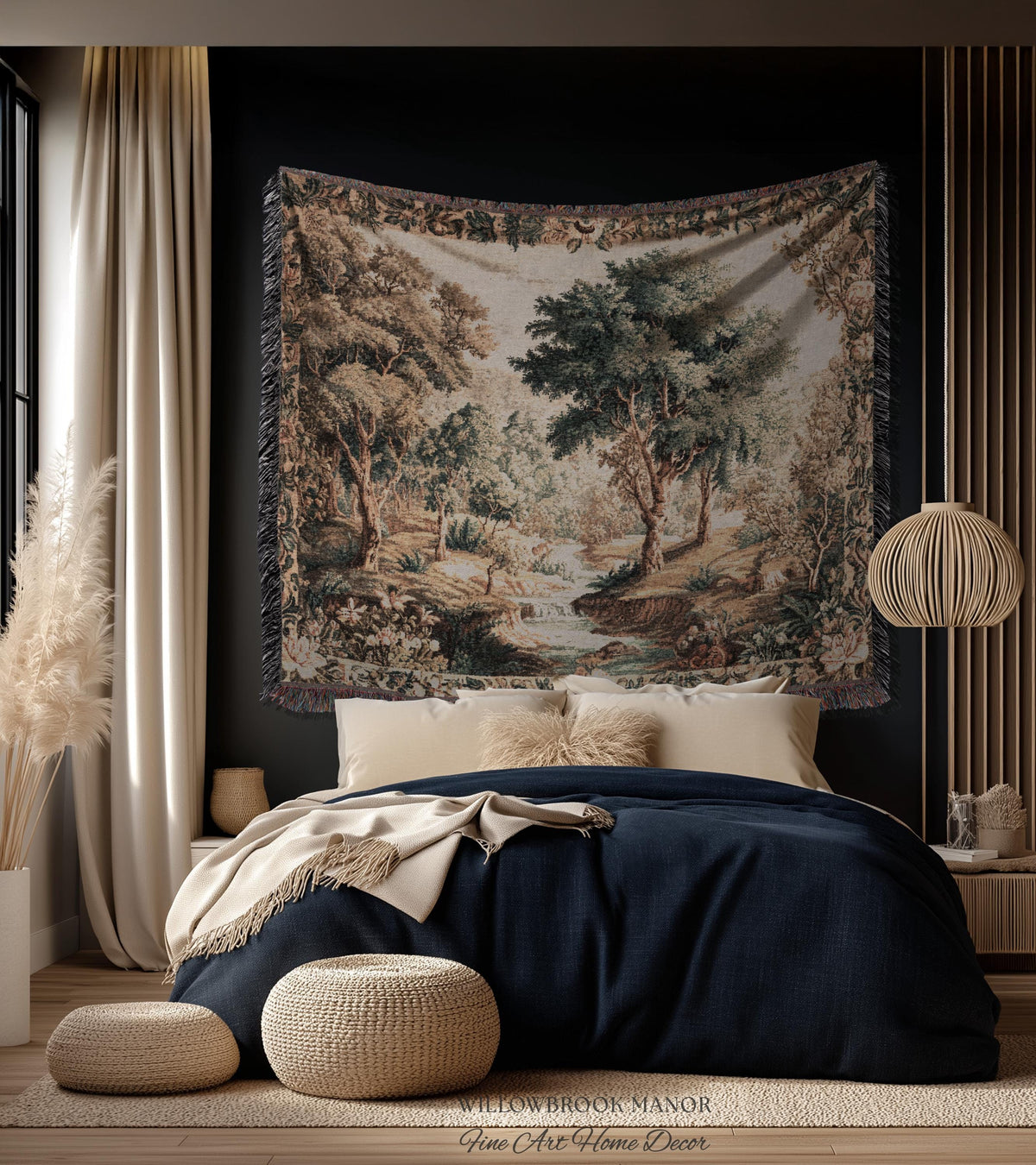 Aubusson Style Verdure Tapestry Tranquil River Scenic Wall Decor Art | European Pastoral Landscape Heirloom Blanket Woven Throw Nature Scene