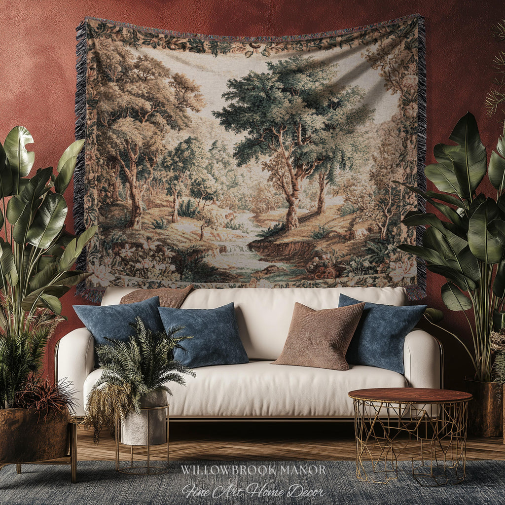 Aubusson Style Verdure Tapestry Tranquil River Scenic Wall Decor Art | European Pastoral Landscape Heirloom Blanket Woven Throw Nature Scene