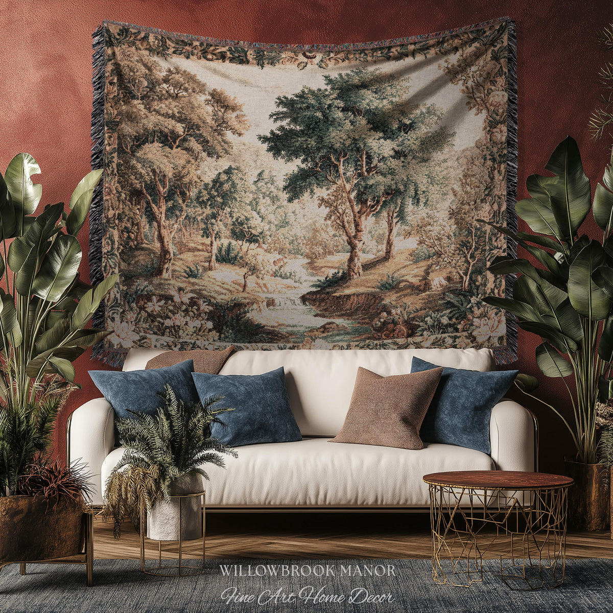 Aubusson Style Verdure Tapestry Tranquil River Scenic Wall Decor Art | European Pastoral Landscape Heirloom Blanket Woven Throw Nature Scene