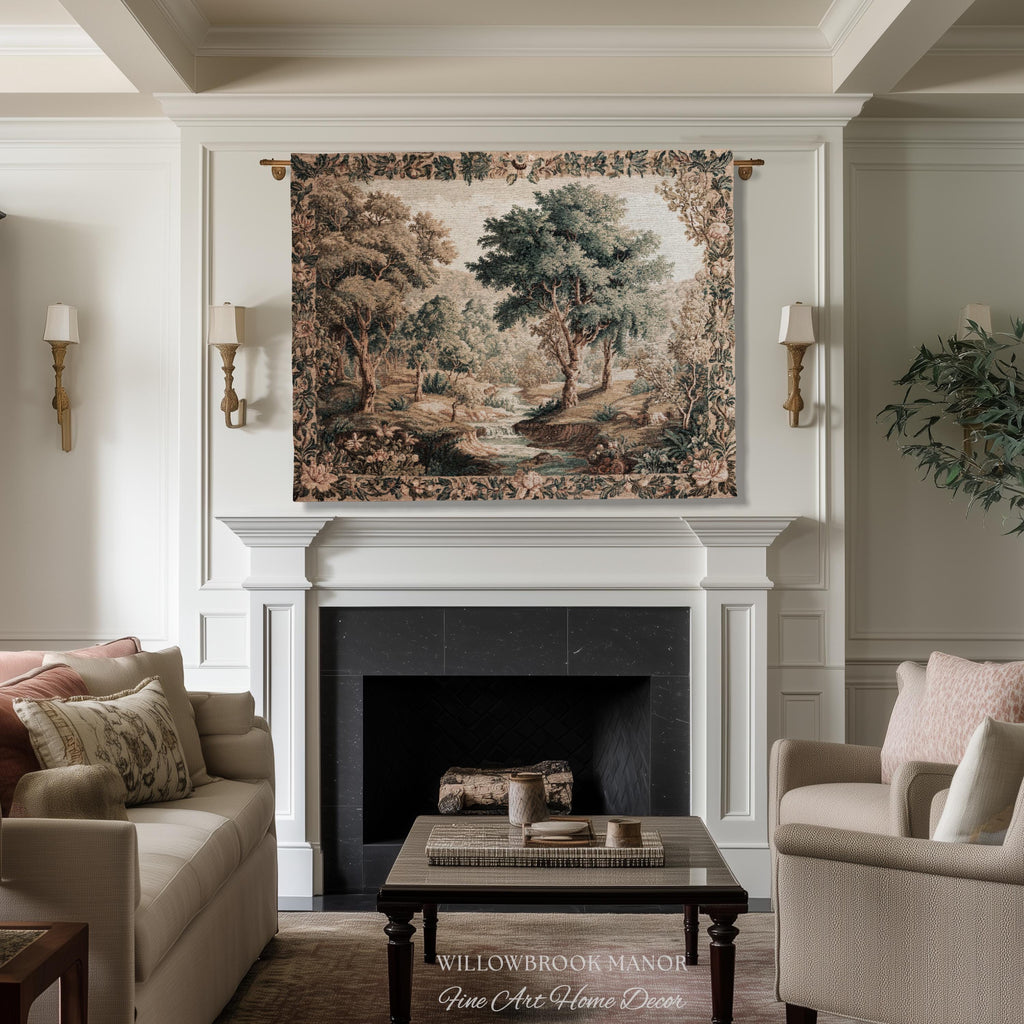 Aubusson Style Verdure Tapestry Tranquil River Scenic Wall Decor Art | European Pastoral Landscape Heirloom Blanket Woven Throw Nature Scene
