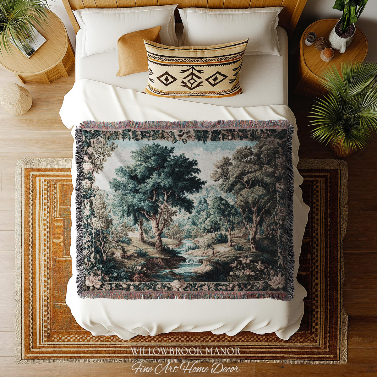 Romantic English Cottage Wall Decor Landscape Verdure Tapestry | British Countryside Floral Forest River Art Nostalgic Woven Cotton Throw