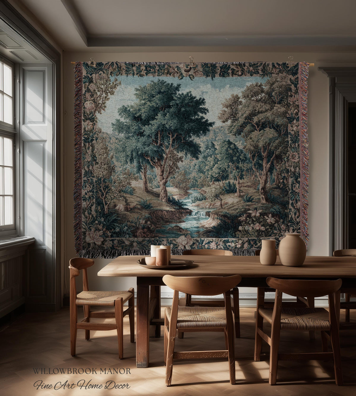 Romantic English Cottage Wall Decor Landscape Verdure Tapestry | British Countryside Floral Forest River Art Nostalgic Woven Cotton Throw