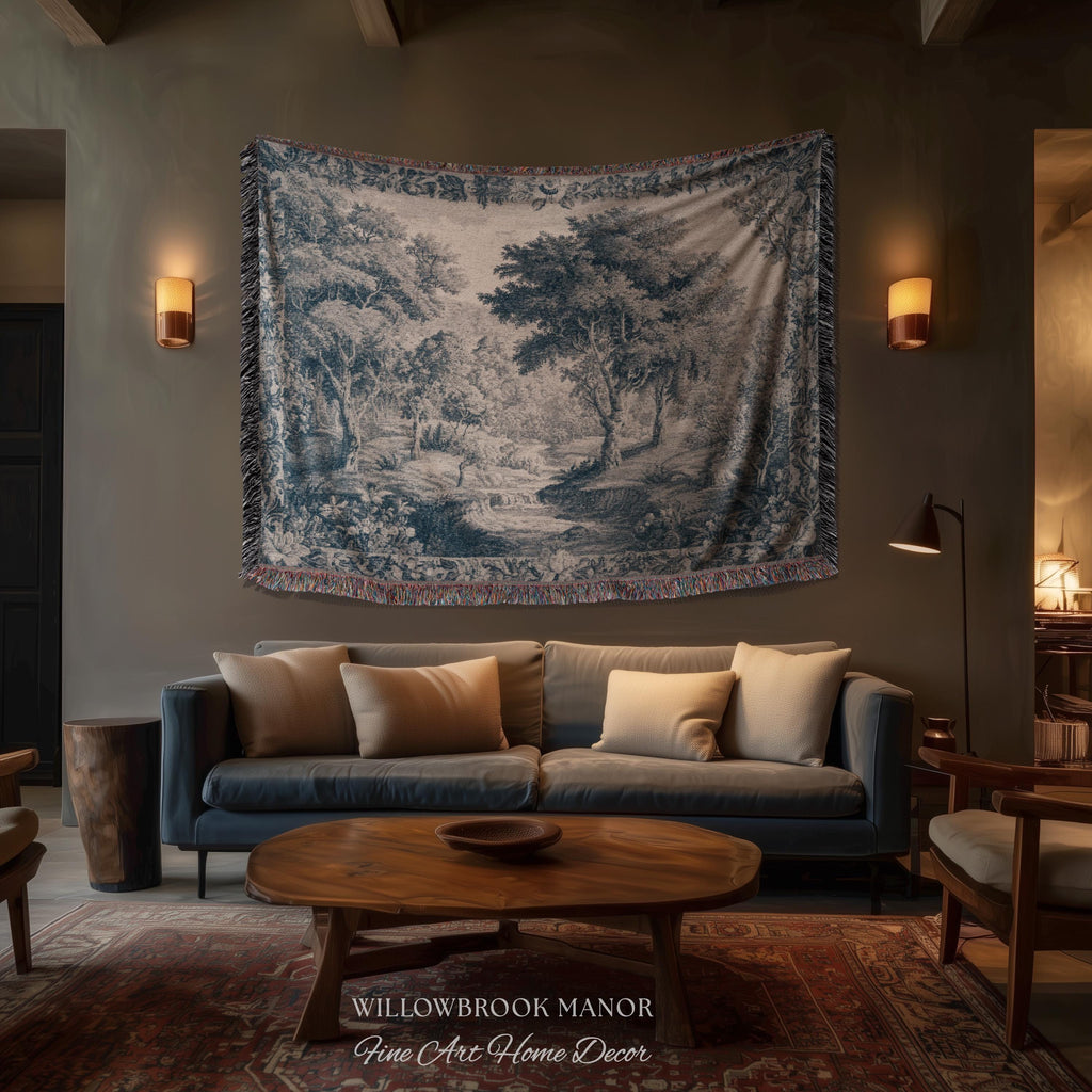 Blue Gray Toile Style Landscape Tapestry, Traditional French Pastoral European Storybook Verdure Tree Grandmillenial Woven Jacquard Wall Art