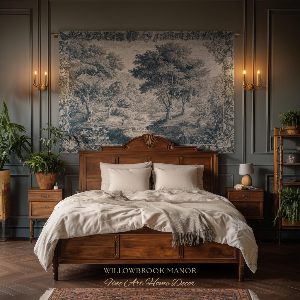 Blue Gray Toile Style Landscape Tapestry, Traditional French Pastoral European Storybook Verdure Tree Grandmillenial Woven Jacquard Wall Art