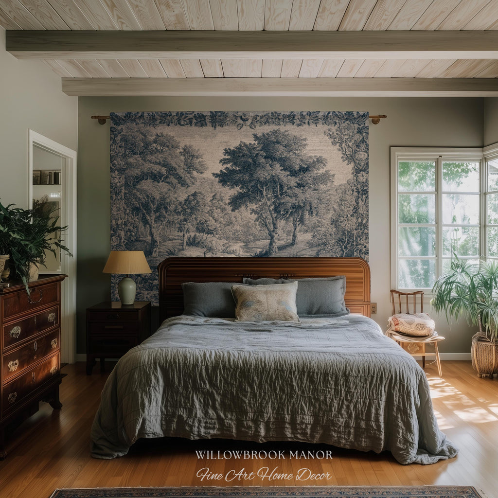 Blue Gray Toile Style Landscape Tapestry, Traditional French Pastoral European Storybook Verdure Tree Grandmillenial Woven Jacquard Wall Art