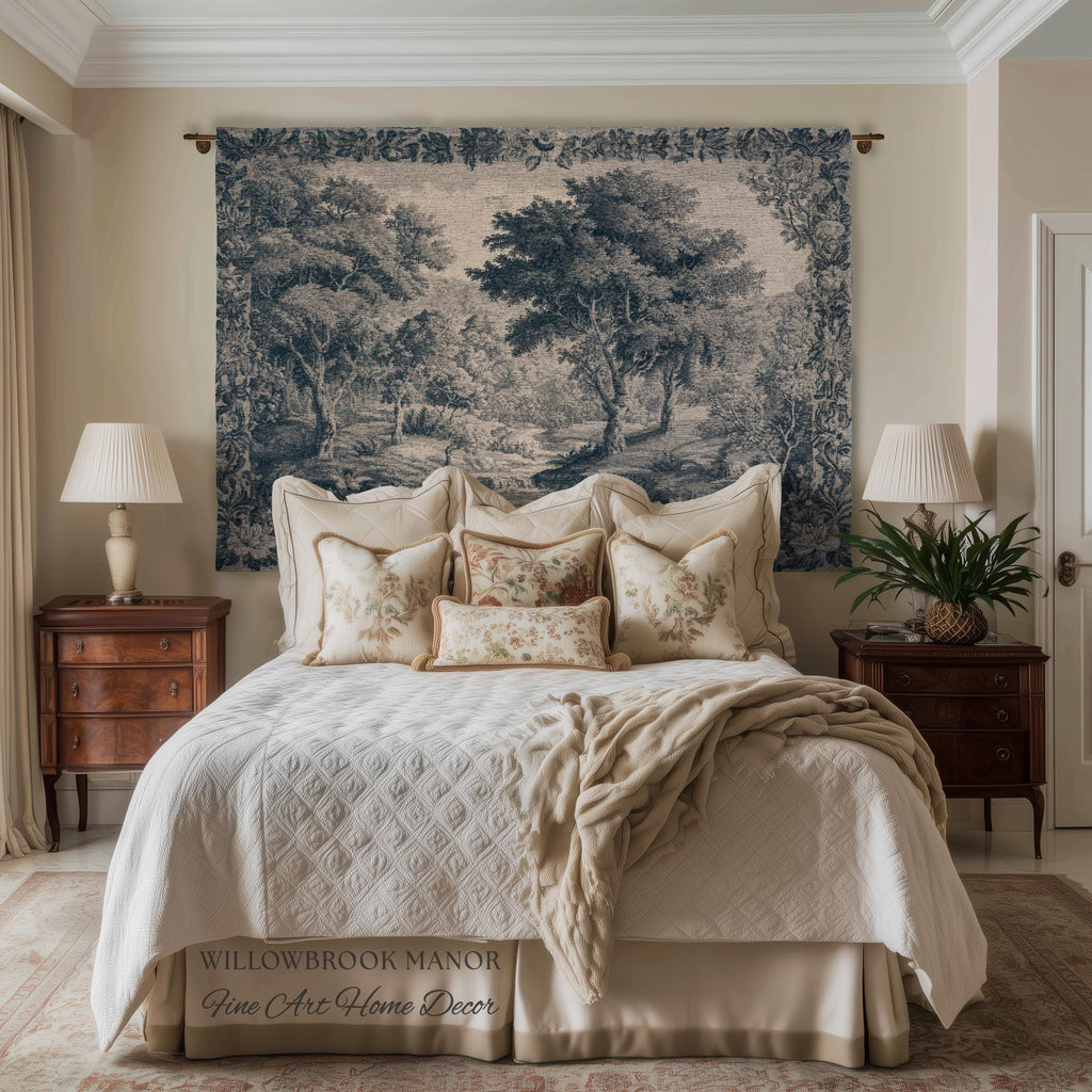 Blue Gray Toile Style Landscape Tapestry, Traditional French Pastoral European Storybook Verdure Tree Grandmillenial Woven Jacquard Wall Art