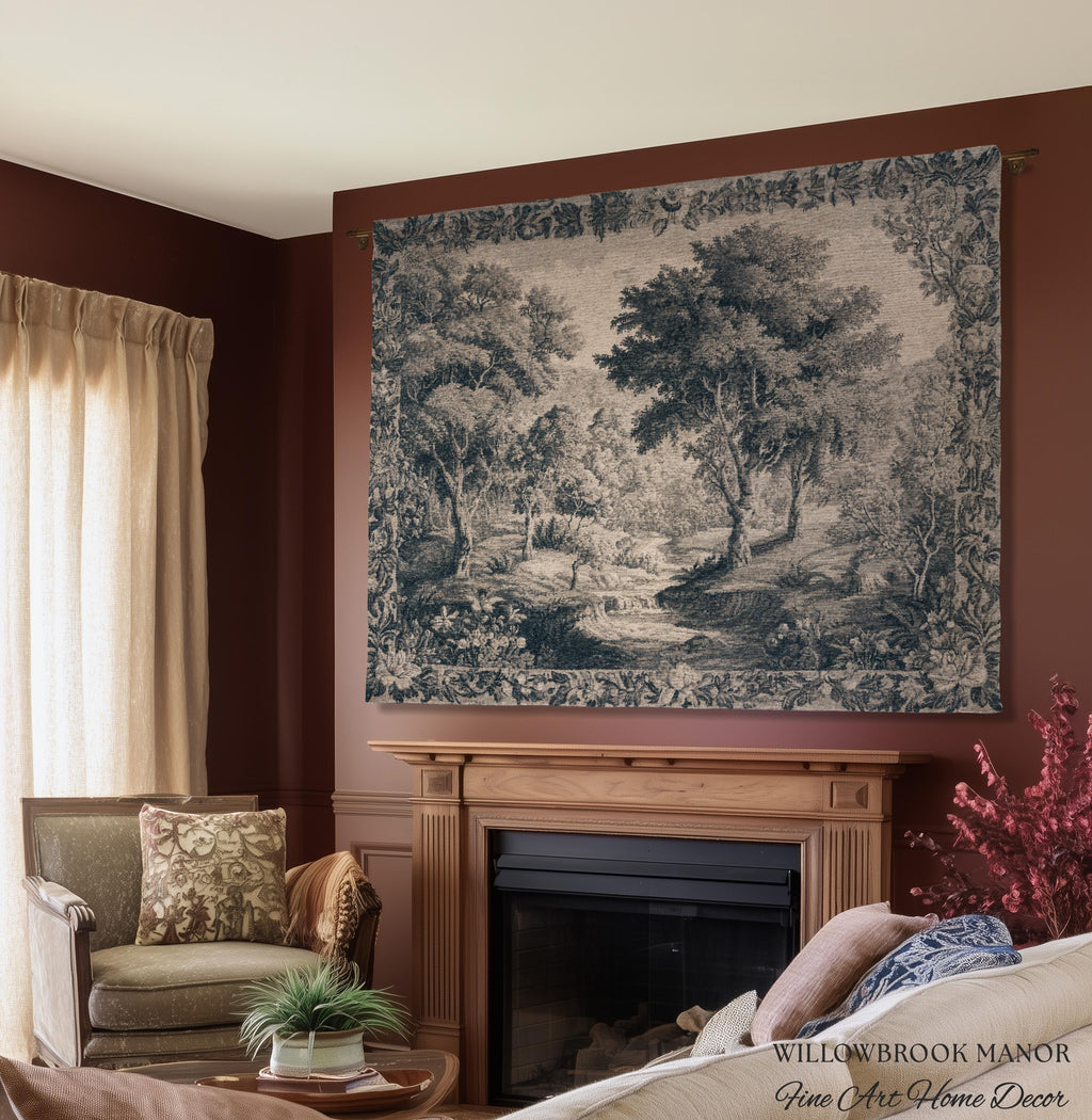 Blue Gray Toile Style Landscape Tapestry, Traditional French Pastoral European Storybook Verdure Tree Grandmillenial Woven Jacquard Wall Art