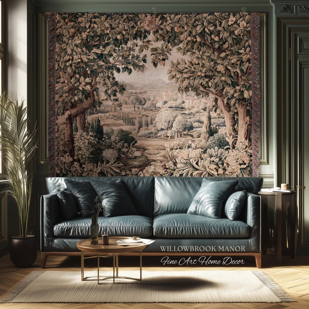 Italian Villa Countryside View Tuscan Landscape Woven Wall Tapestry | Elegant Rustic European Vintage Textile Art Pastoral Orchard Decor