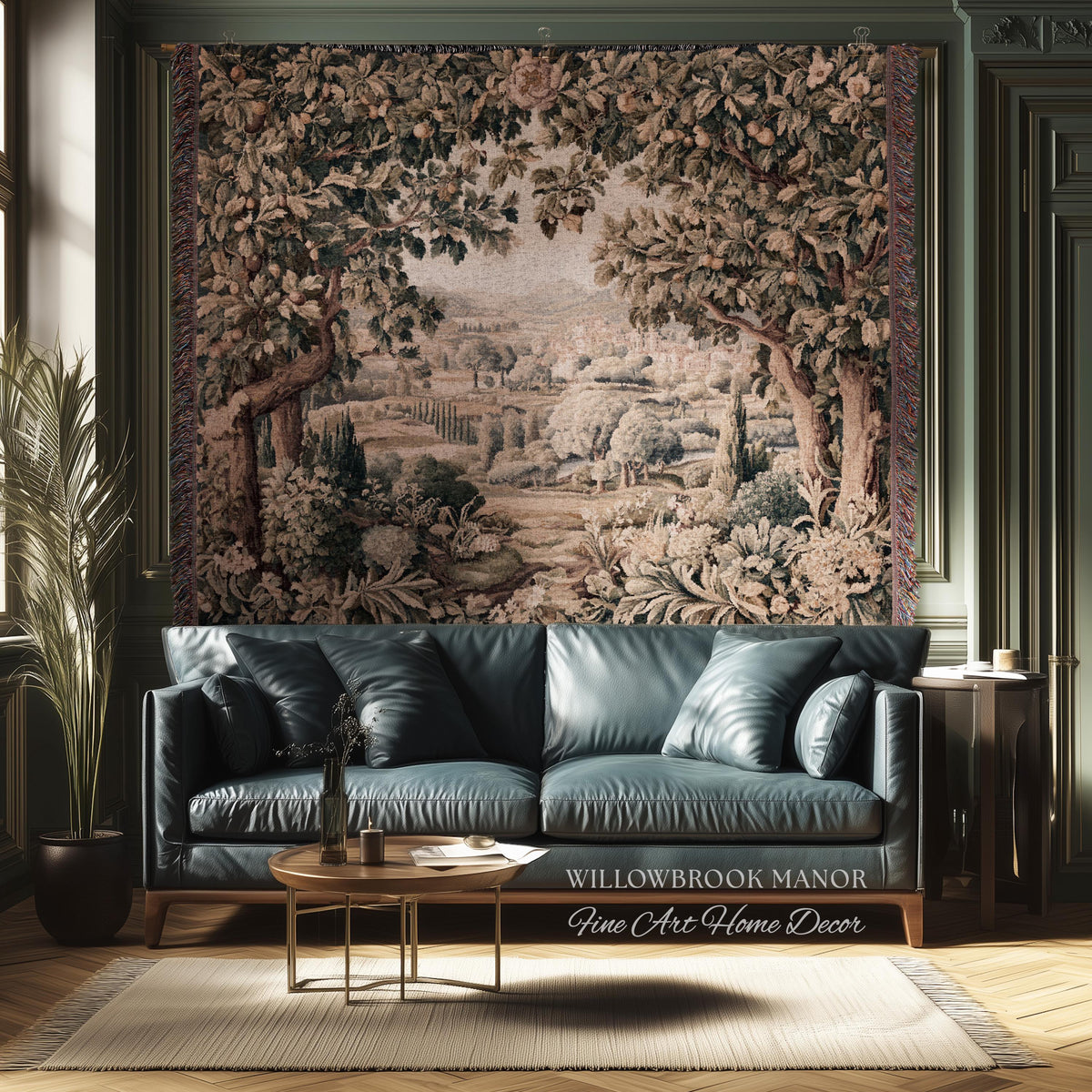 Italian Villa Countryside View Tuscan Landscape Woven Wall Tapestry | Elegant Rustic European Vintage Textile Art Pastoral Orchard Decor