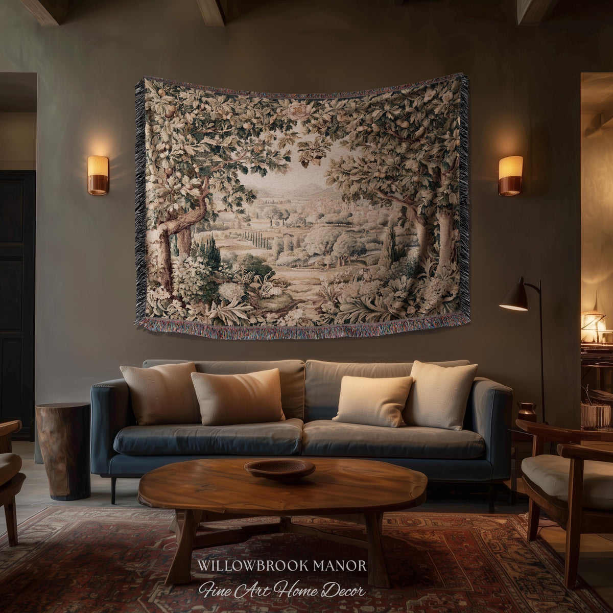 Italian Villa Countryside View Tuscan Landscape Woven Wall Tapestry | Elegant Rustic European Vintage Textile Art Pastoral Orchard Decor