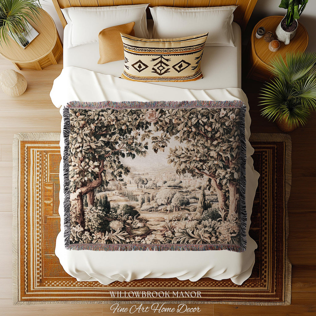 Italian Villa Countryside View Tuscan Landscape Woven Wall Tapestry | Elegant Rustic European Vintage Textile Art Pastoral Orchard Decor