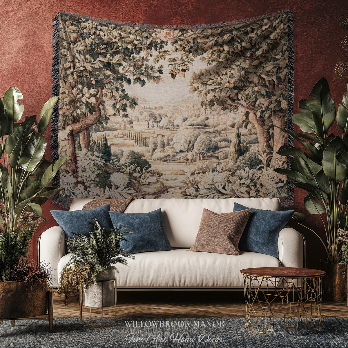 Italian Villa Countryside View Tuscan Landscape Woven Wall Tapestry | Elegant Rustic European Vintage Textile Art Pastoral Orchard Decor