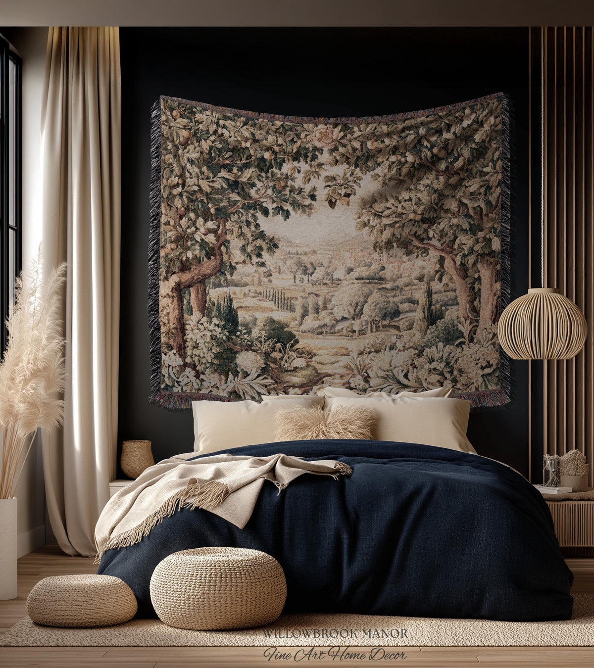 Italian Villa Countryside View Tuscan Landscape Woven Wall Tapestry | Elegant Rustic European Vintage Textile Art Pastoral Orchard Decor