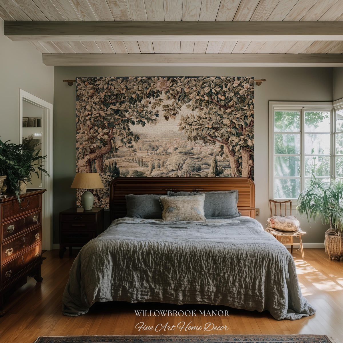 Italian Villa Countryside View Tuscan Landscape Woven Wall Tapestry | Elegant Rustic European Vintage Textile Art Pastoral Orchard Decor