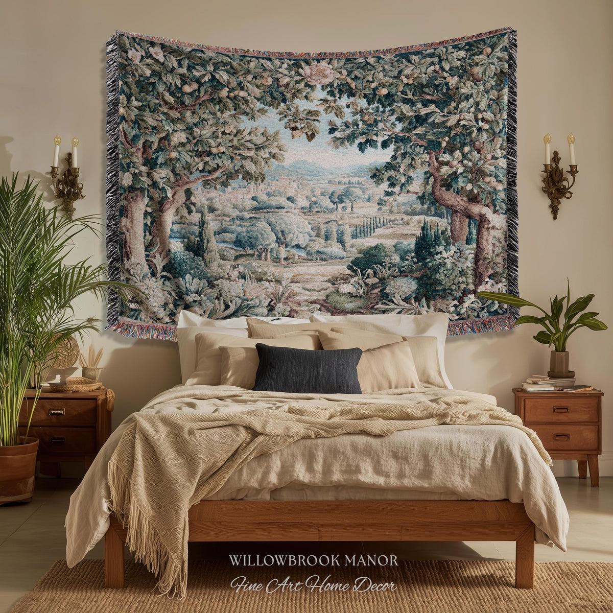Orchard Landscape Aubusson Woven Tapestry Throw Scenic Views Romantic European Countryside Textile Art | Pastoral Blanket Valley Wall Decor