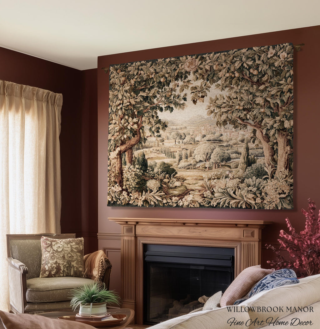 Italian Villa Countryside View Tuscan Landscape Woven Wall Tapestry | Elegant Rustic European Vintage Textile Art Pastoral Orchard Decor