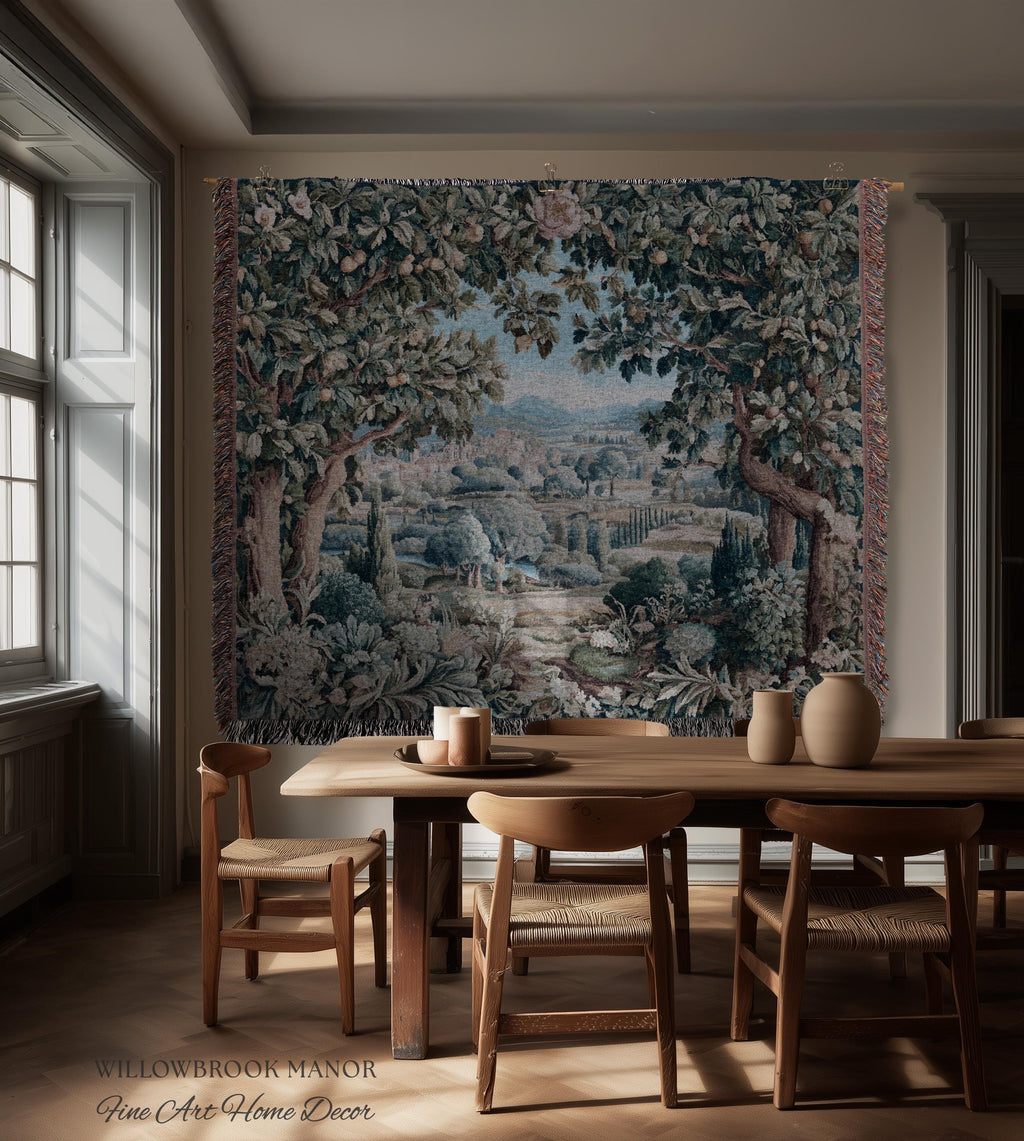 Orchard Landscape Aubusson Woven Tapestry Throw Scenic Views Romantic European Countryside Textile Art | Pastoral Blanket Valley Wall Decor