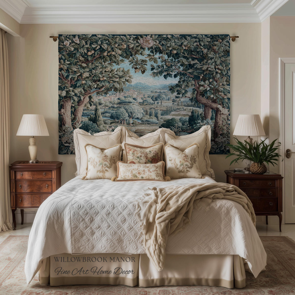 Orchard Landscape Aubusson Woven Tapestry Throw Scenic Views Romantic European Countryside Textile Art | Pastoral Blanket Valley Wall Decor