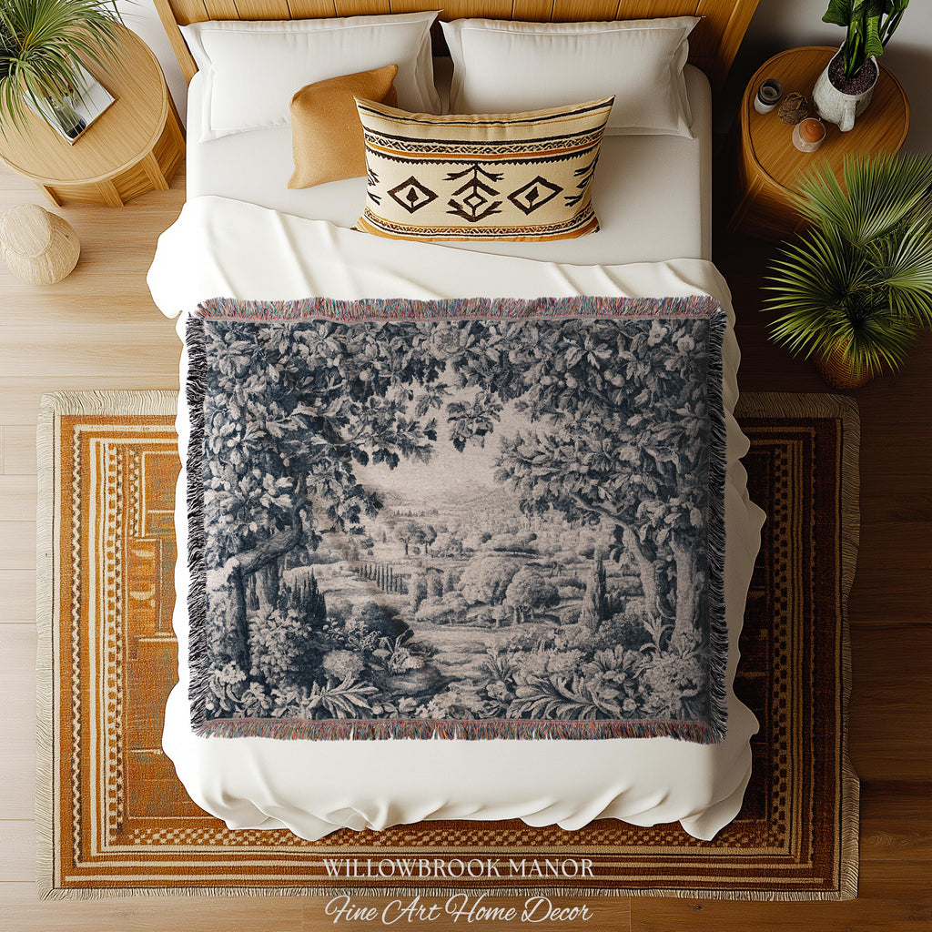 Verdure Scenery Indigo Wall Hanging | Woven Heirloom Heritage Landscape French Toile Style Jacquard Tree Tapestry Grandmillenial Old World