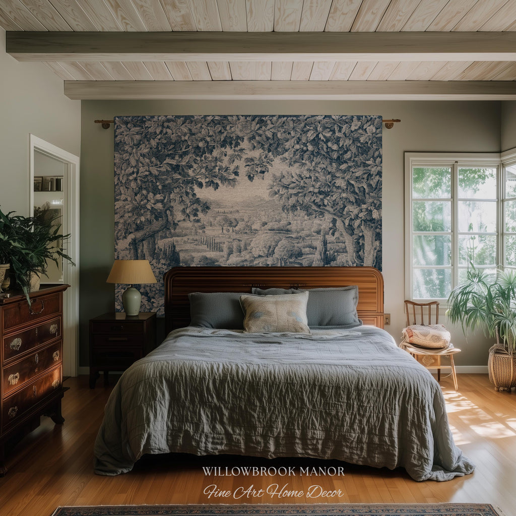 Verdure Scenery Indigo Wall Hanging | Woven Heirloom Heritage Landscape French Toile Style Jacquard Tree Tapestry Grandmillenial Old World