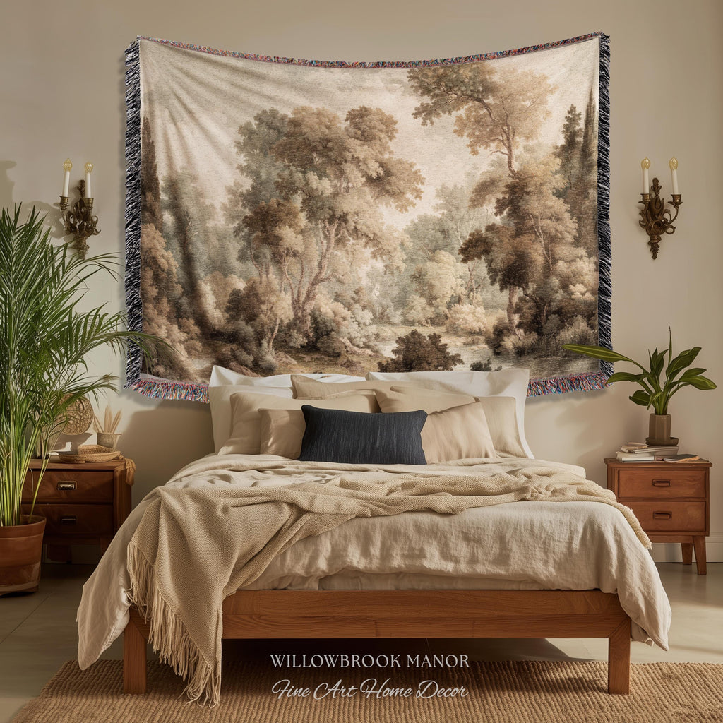 Misty Woodland Forest Landscape Tapestry Classic Elegance Woven Wall Art | Heritage Style Farmhouse Antique Forest Blanket Earthy Home Decor