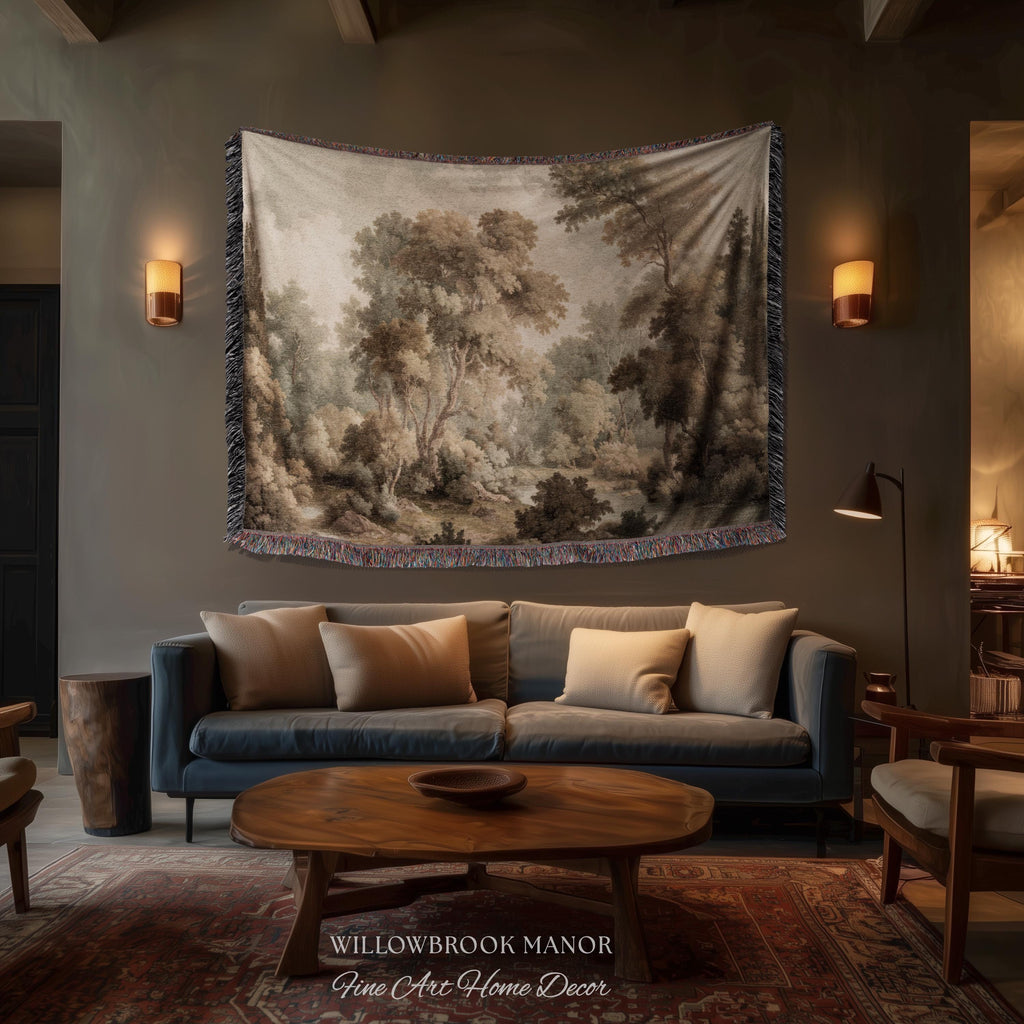 Misty Woodland Forest Landscape Tapestry Classic Elegance Woven Wall Art | Heritage Style Farmhouse Antique Forest Blanket Earthy Home Decor