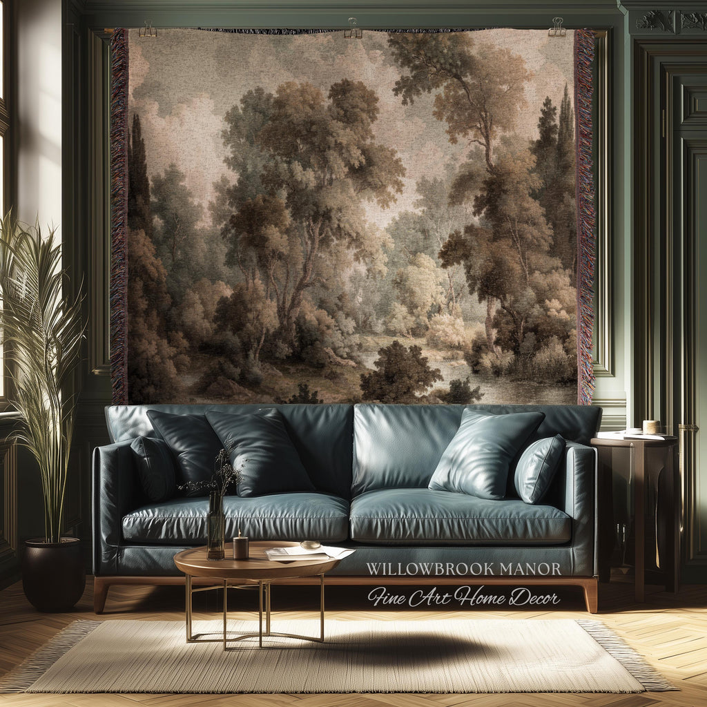 Misty Woodland Forest Landscape Tapestry Classic Elegance Woven Wall Art | Heritage Style Farmhouse Antique Forest Blanket Earthy Home Decor