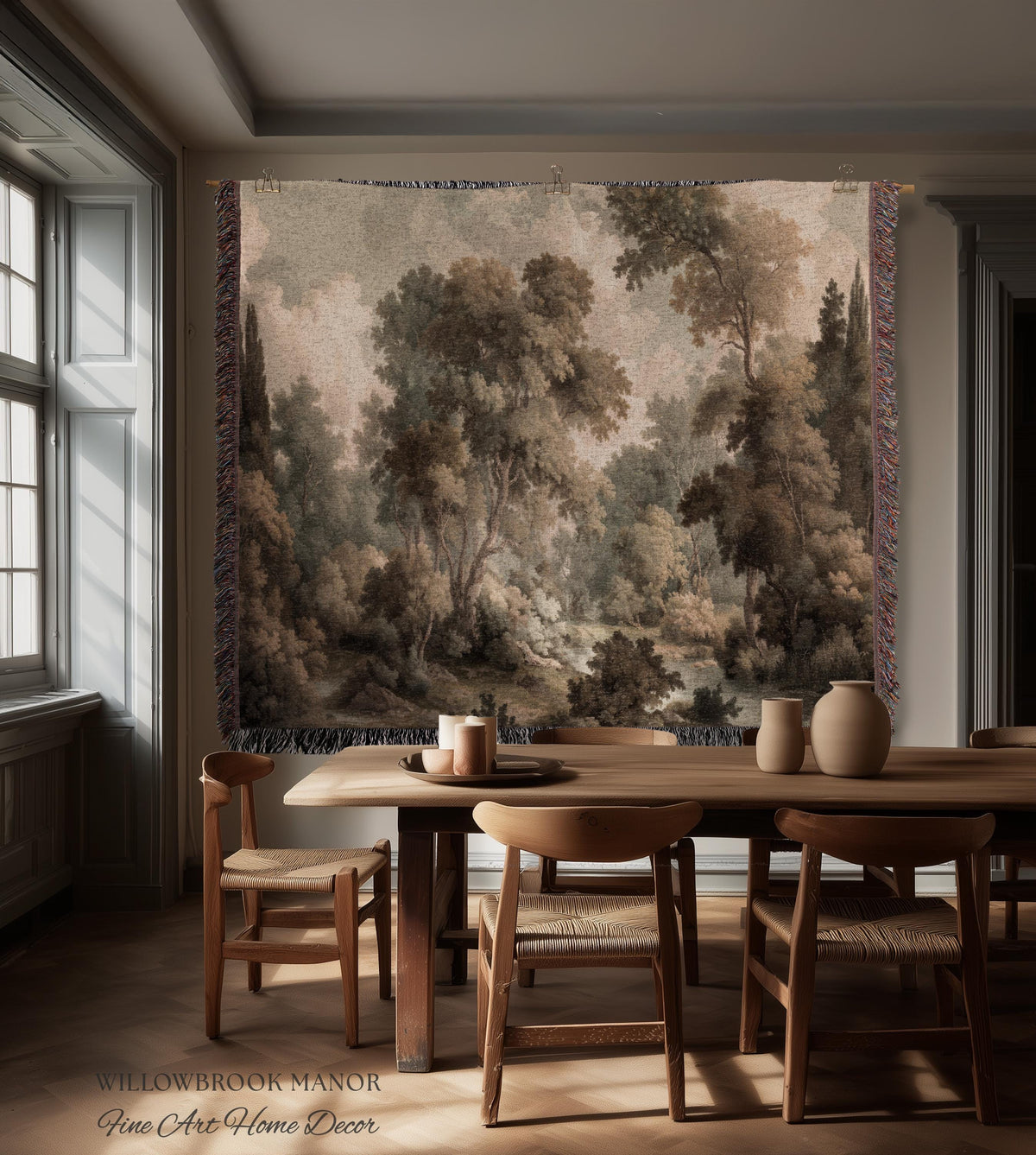 Misty Woodland Forest Landscape Tapestry Classic Elegance Woven Wall Art | Heritage Style Farmhouse Antique Forest Blanket Earthy Home Decor