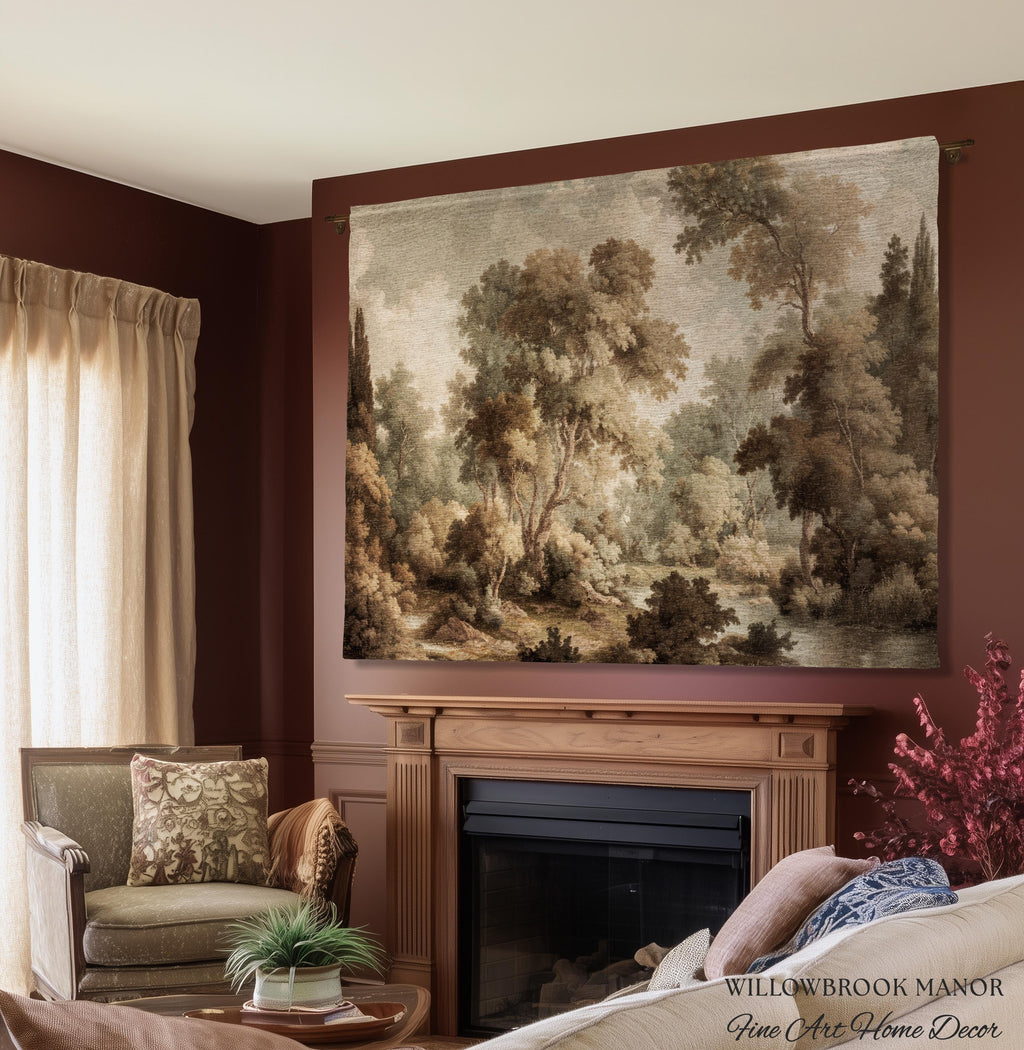 Misty Woodland Forest Landscape Tapestry Classic Elegance Woven Wall Art | Heritage Style Farmhouse Antique Forest Blanket Earthy Home Decor