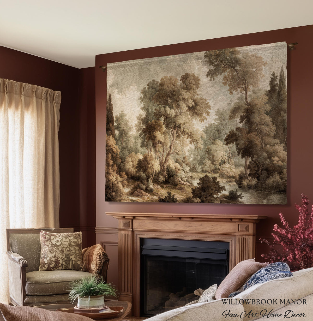 Misty Woodland Forest Landscape Tapestry Classic Elegance Woven Wall Art | Heritage Style Farmhouse Antique Forest Blanket Earthy Home Decor