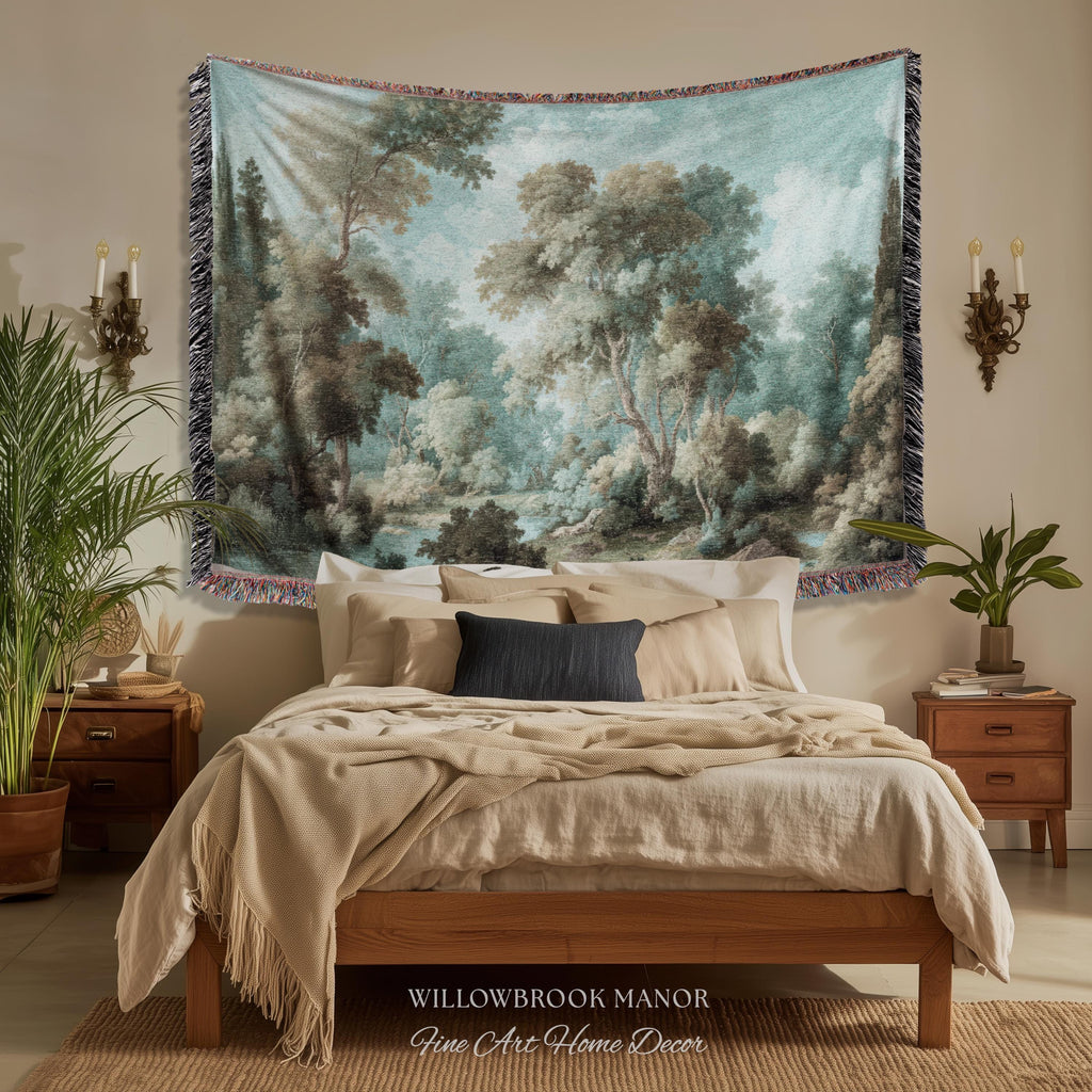 Dreamy Landscape French Chateau Style Woodland Tapestry Soft Nature Decor | Misty Forest Art Cozy Cottage Nostalgic Throw Woven Wall Blanket