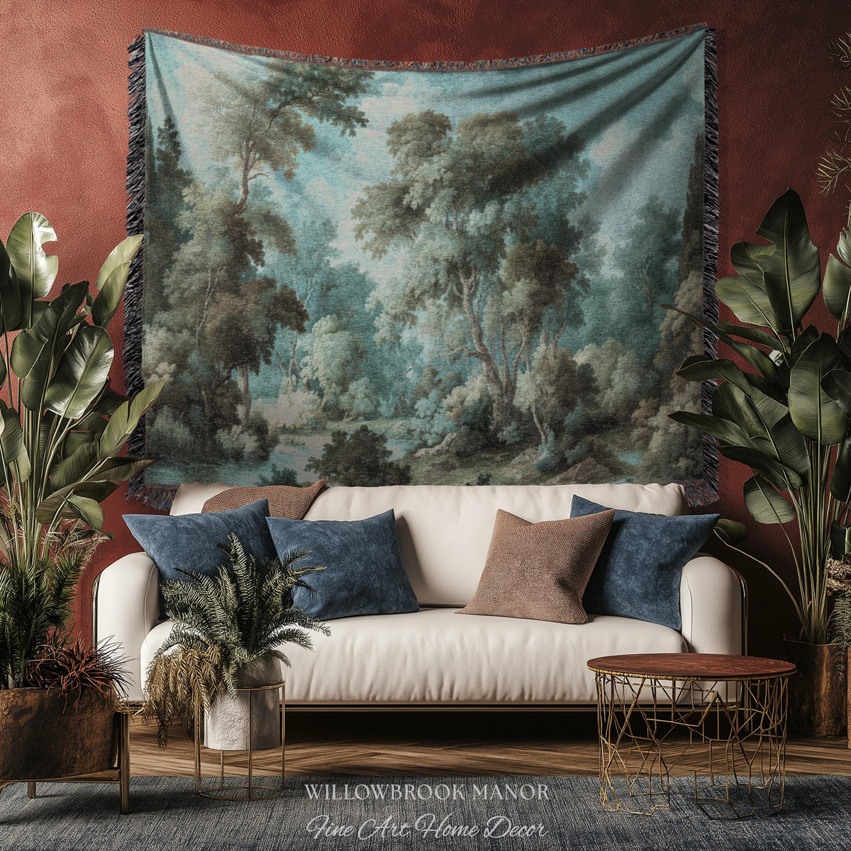 Dreamy Landscape French Chateau Style Woodland Tapestry Soft Nature Decor | Misty Forest Art Cozy Cottage Nostalgic Throw Woven Wall Blanket