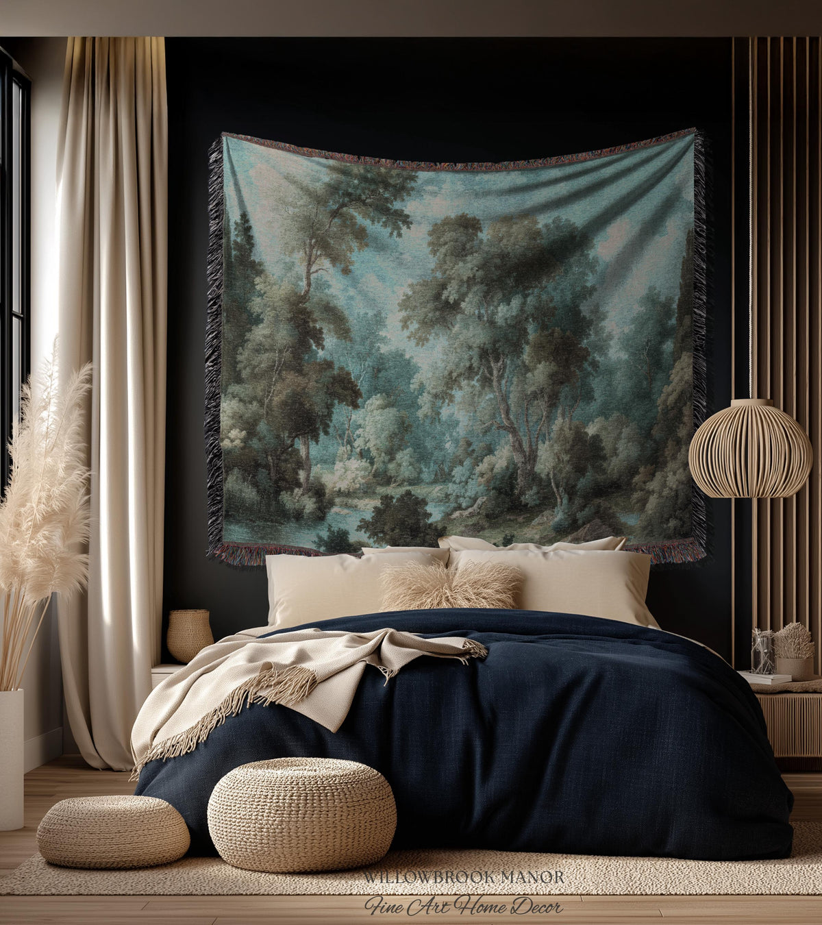 Dreamy Landscape French Chateau Style Woodland Tapestry Soft Nature Decor | Misty Forest Art Cozy Cottage Nostalgic Throw Woven Wall Blanket