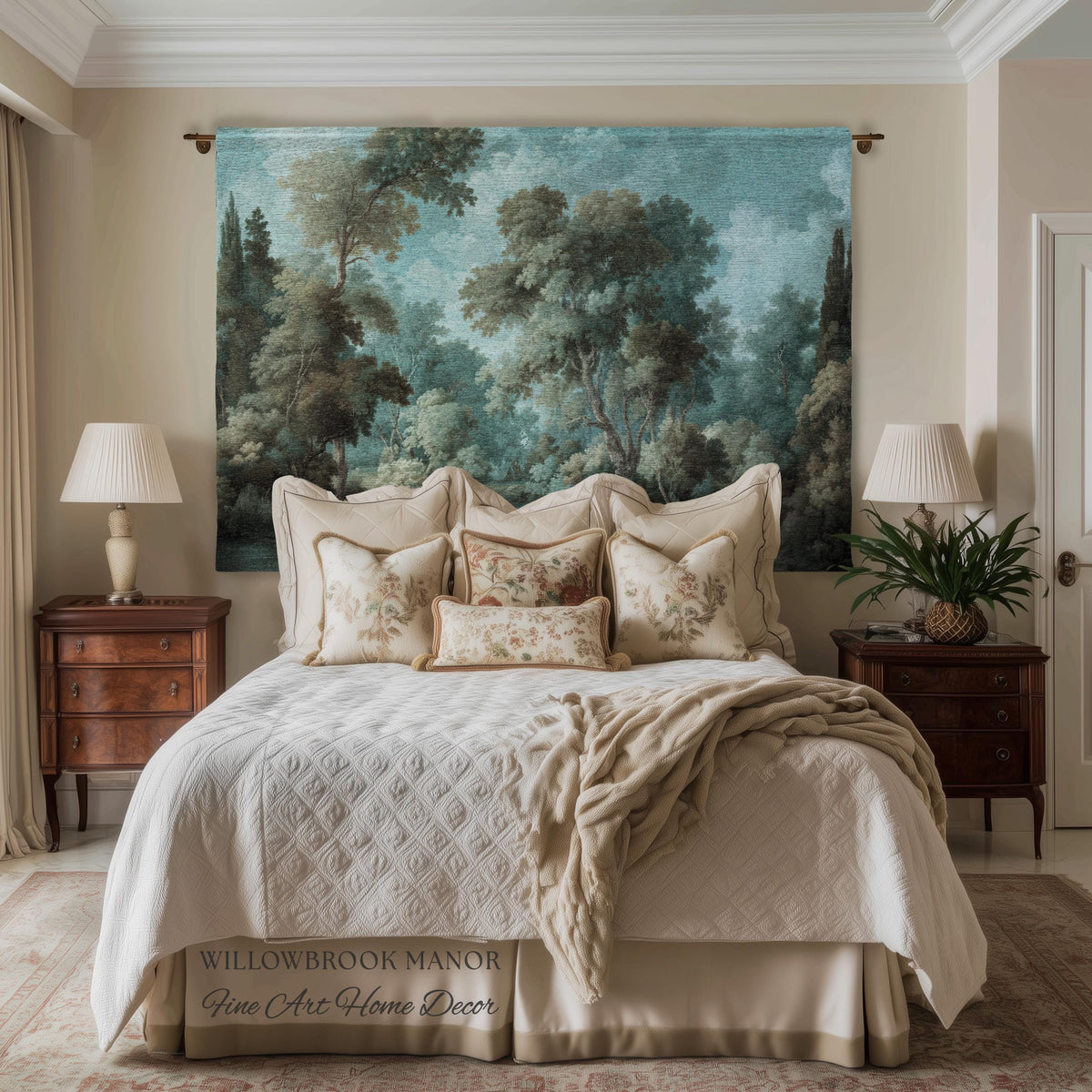 Dreamy Landscape French Chateau Style Woodland Tapestry Soft Nature Decor | Misty Forest Art Cozy Cottage Nostalgic Throw Woven Wall Blanket